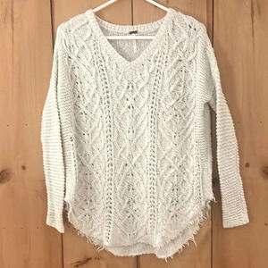 Free People Cross My Heart Raw Hem V Neck Sweater Off White Boho Women’s XS